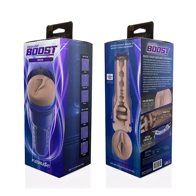 Fleshlight - Boost Bang. Nowoczeny masturbator z realistyczną pochwą i teksturowanym rękawem z pierścieniami, wypustkami i żłobieniami