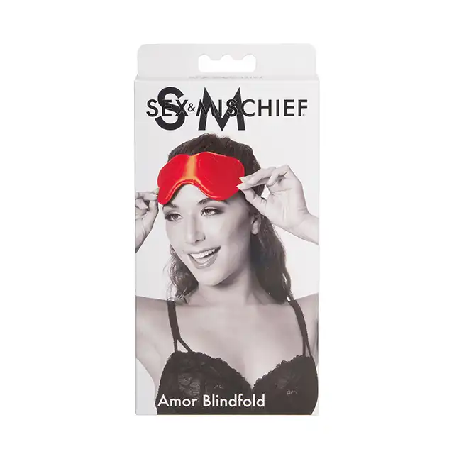 Sportsheets - Sex &amp; Mischief Amor Blindfold. Krwistoczerwona opaska na oczy w artystycznym wydaniu, urocze serduszka na oczach