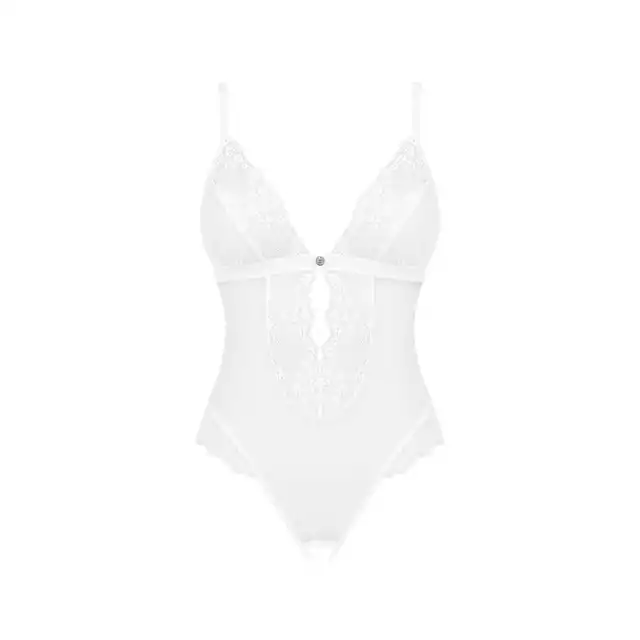 Obsessive - Heavenlly Crotchless Teddy M/L. Białe body z otwartym krokiem, wykończone elegancką koronką, idealne na noc poślubną