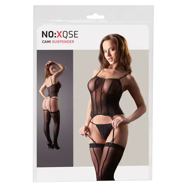 No:Xqse -  Basque Set  S/L. Elegancki, prześwitujący bodystocking w typie gorsetu z pończochami i stringami