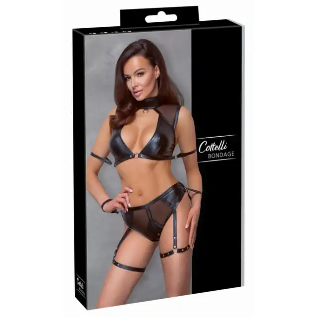 Cottelli Collection - Bra Set Bondage with Straps M. Seksowy komplet bielizny z dziurką i ozdobnymi uprzężami na ręce i uda