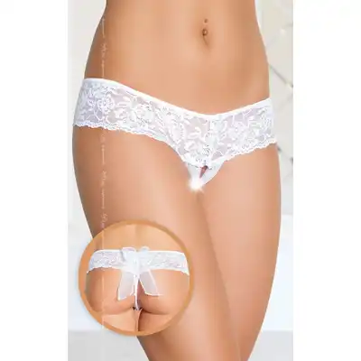 SoftLine - G-String 2403 White M/L. Seksowne figi damskie z otwartym krokiem, piękną kokardką z tyłu i ozdobą z perełek