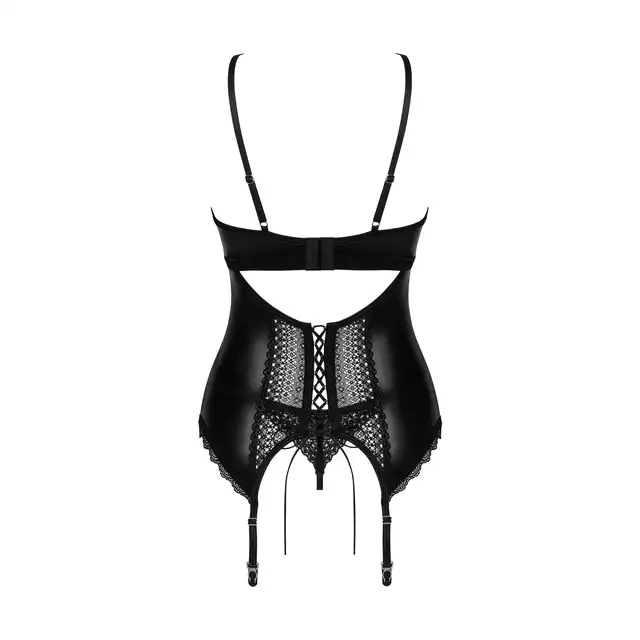 Obsessive - Norides Corset XS/S. Zmysłowy gorset z połyskującego materiału, mocno podkreśla piersi. Elegancki sposób na uwodzenie