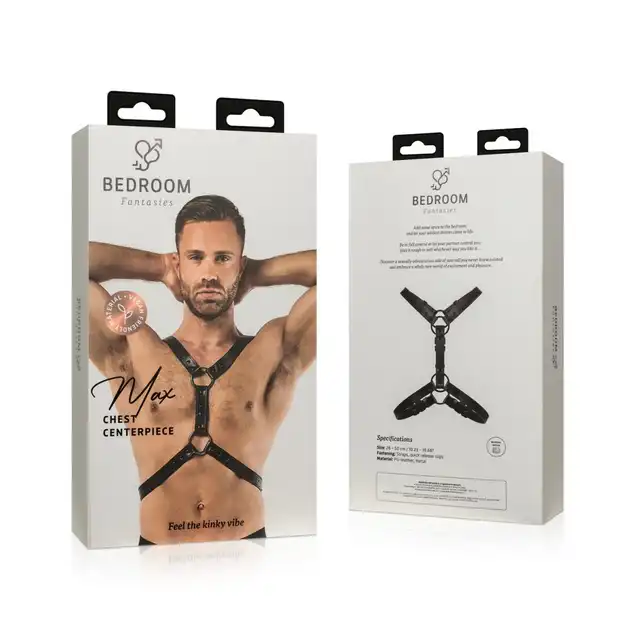 Bedroom Fantasies - Max Bondage Harness. Męska uprząż z pasami na ramiona i talię, czarna skóra z metalowymi pierścieniami i klamrami
