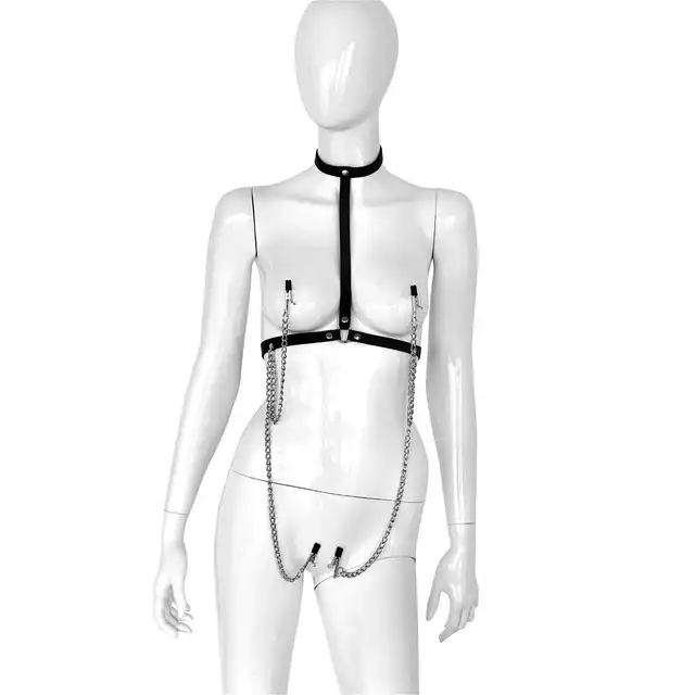 Kiotos - Leather Collar Chest - harness z obrożą oraz zaciskami na sutki oraz warki sromowe. Wykonany ze skóry i metalu
