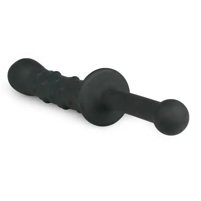 Easy Toys - The Handler Black Silicone Dildo With Handle. Podwójne silikonowe dildo z licznymi wypustkami i drugim gładkim trzonem