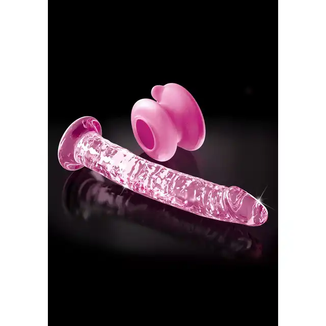 Icicles - No. 86 Pink. Różowe, szklane dildo o realistycznym kształcie, idealne do stymulacji punktu G. W zestawie elastyczna, silikonowa przyssawka do zabawy bez użycia rąk