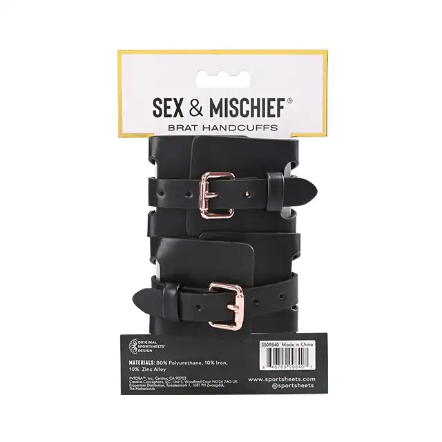 Sportheets - Sex &amp; Mischief Brat Kajdanki. Oryginalne, eleganckie czarne kajdanki z łańcuszkiem imitującym różowe złoto. 
