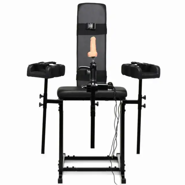 Master Series - Obedience Chair with Sex Machine. Luksusowe krzesło do krępowania z pełną regulacją, ruchoma sex maszyna gwarantująca niezapomniane doznania