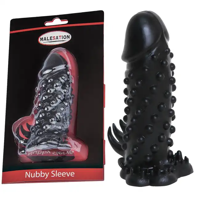 Malesation -Nubby Sleeve. Stymulująca czarna nakładka na penisa z wypustkami stymulującymi
