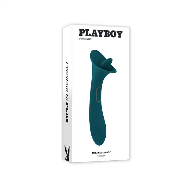 Playboy - True Indlugence - dwustronna przyjemność! Dwustronny wibrator - mocne wrażenia dzięki wibracjom i językowi!