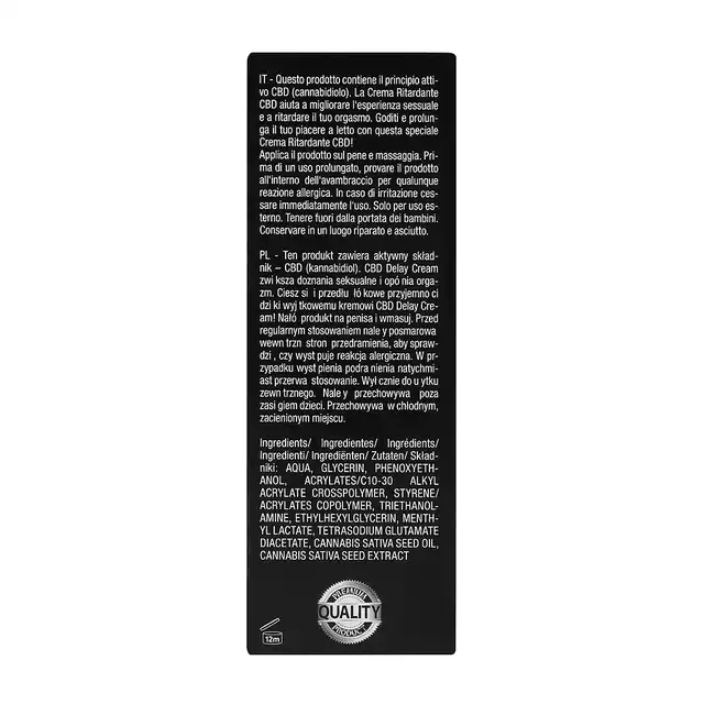 CBD - Cannabis Delay Gel 50 ml. Delikatnie chłodzący żel wspomagający opóźnienie wytrysku z dodatkiem olejku CBD. 