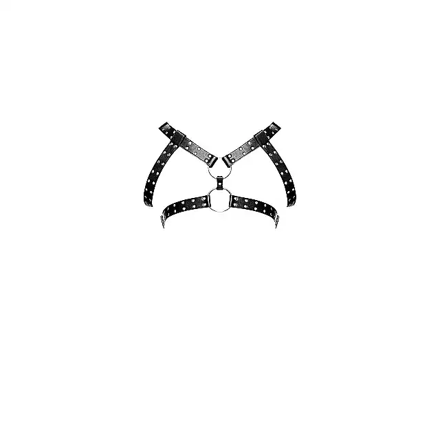 Male Power - Faux Leather Gemini O/S. Drapieżna, męska uprząż typu harness w stylu nubuck. Efektowne ringi