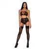 Obsessive - Basitta Set L/XL. Uwodzicielski, czarny komplet z pasem do pończoch. Gorsetowe wiązanie w połączeniu z delikatną siateczką z kwiecistą koronką