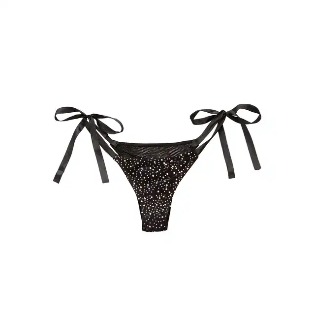 Radiance - Side-Tie Panties. Seksowne damskie bikini w kolorze czarnym z błyszczącymi kryształkami