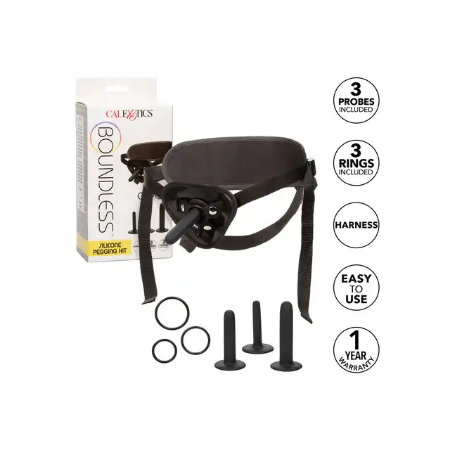 CalExotics - Boundless Silicone Pegging Kit. Zestaw 3 gładkich sond waginalno-analnych z w pełni regulowaną uprzężą
