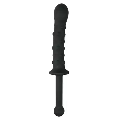 Easy Toys - The Handler Black Silicone Dildo With Handle. Podwójne silikonowe dildo z licznymi wypustkami i drugim gładkim trzonem