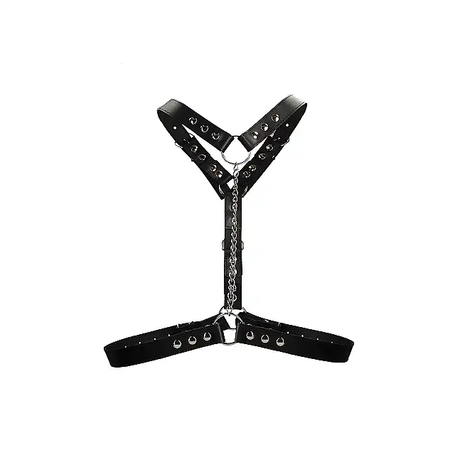 Ouch! - Twisted Bit Black Leather Harness - One Size. Mocna, skórzana uprząż męska z efektownym łańcuchem