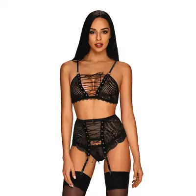 Obsessive - Basitta Set L/XL. Uwodzicielski, czarny komplet z pasem do pończoch. Gorsetowe wiązanie w połączeniu z delikatną siateczką z kwiecistą koronką