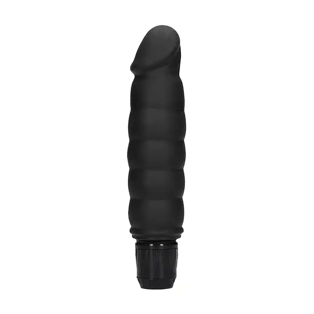 Shots Toys - Ribbed Multispeed Vibrator  Black. Klasyczny, silikonowy wibrator z regulacją intensywności wibracji, zasilany na baterie, o teksturowanej powierzchni