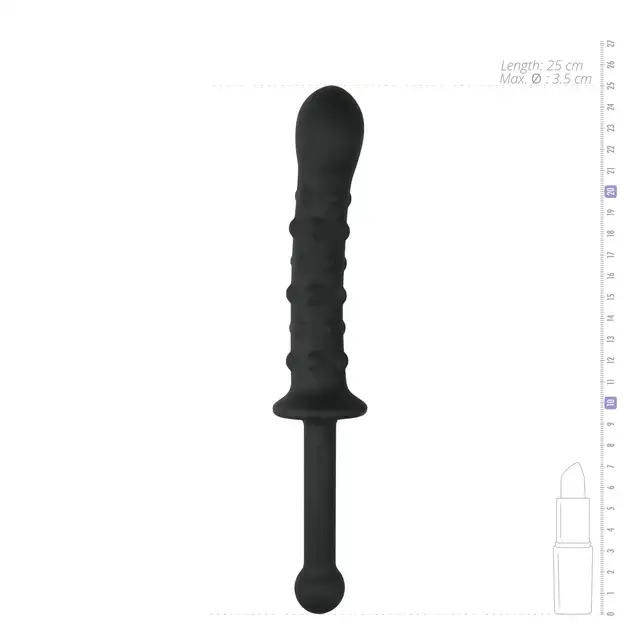 Easy Toys - The Handler Black Silicone Dildo With Handle. Podwójne silikonowe dildo z licznymi wypustkami i drugim gładkim trzonem