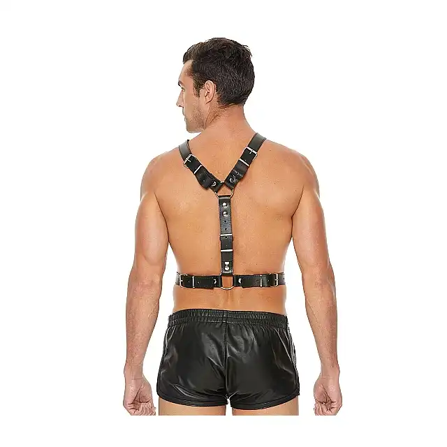 Ouch! - Twisted Bit Black Leather Harness - One Size. Mocna, skórzana uprząż męska z efektownym łańcuchem
