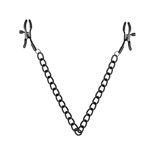 Bedroom Fantasies - Nipple Clamps Adjustable. Czarne klamerki na sutki z metalowym łańcuszkiem, regulacja mocy nacisku
