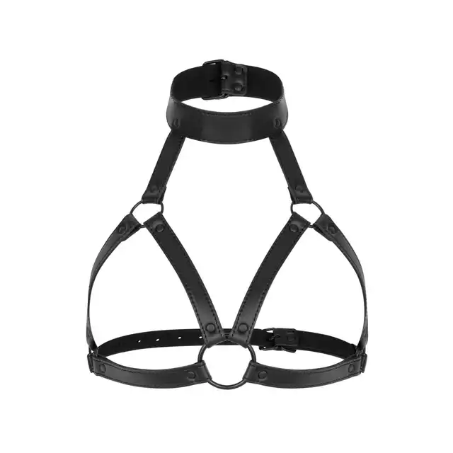 Bedroom Fantasies - Chiara Bondage Harness. Czarna skórzana uprząż damska, pięknie podkreślone piersi i dekolt, możliwość regulacji