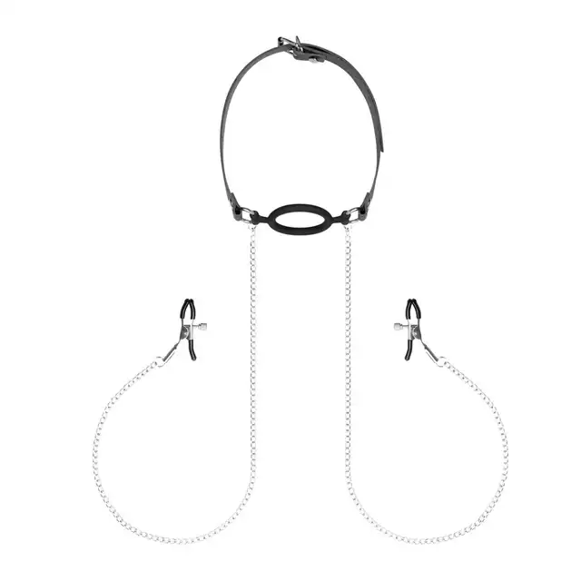 Bedroom Fantasies - Nipple Clamps &amp;  Gag Ring Adjustable. Klamerki na sutki połączone srebrnym łańcuszkiem z silikonowym gagiem, regulacja mocy zacisku