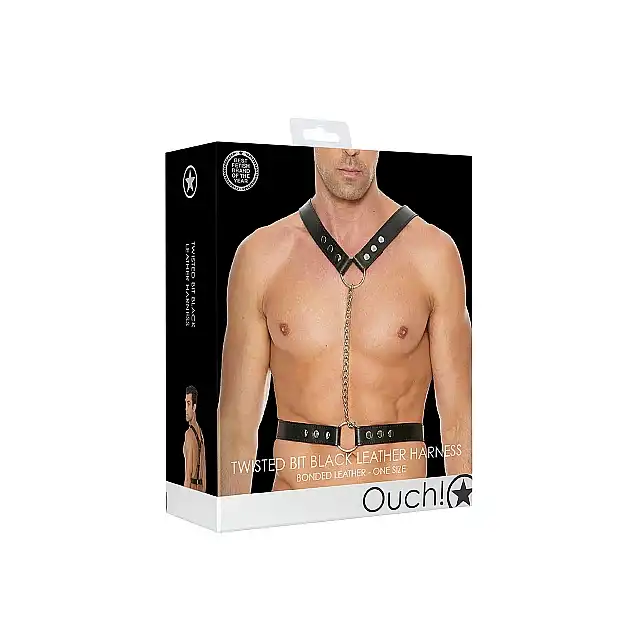 Ouch! - Twisted Bit Black Leather Harness - One Size. Mocna, skórzana uprząż męska z efektownym łańcuchem