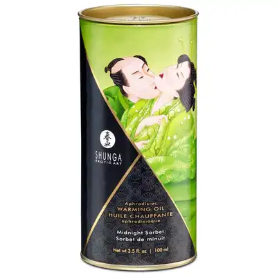 Shunga - Warming Oil Sparkling Midnight Sorbet. Rozgrzewający jadalny olejek do masażu o miętowym aromacie, właściwości pielęgnujące i pobudzające zmysły