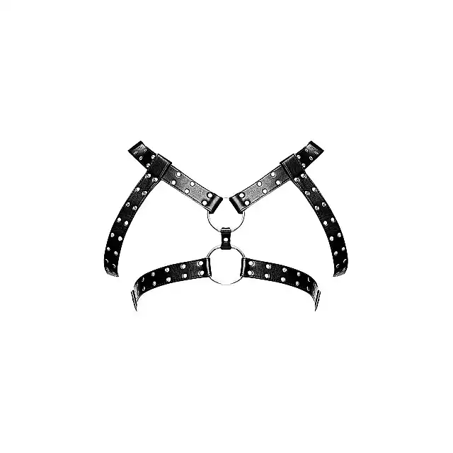 Male Power - Faux Leather Gemini O/S. Drapieżna, męska uprząż typu harness w stylu nubuck. Efektowne ringi