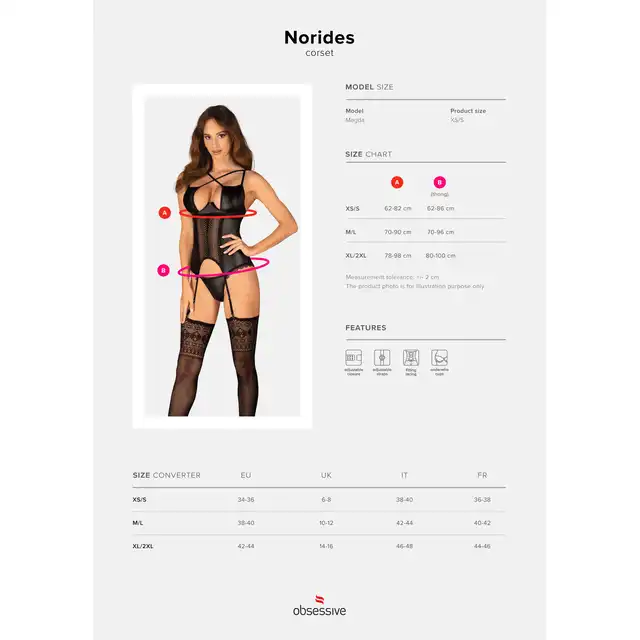 Obsessive - Norides Corset XS/S. Zmysłowy gorset z połyskującego materiału, mocno podkreśla piersi. Elegancki sposób na uwodzenie