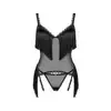 Obsessive - Sherila Corset M/L. Czarny siateczkowy gorset z błyszczącymi frędzelkami na biuście i biodrach, odkryj nieziemską pewność siebie