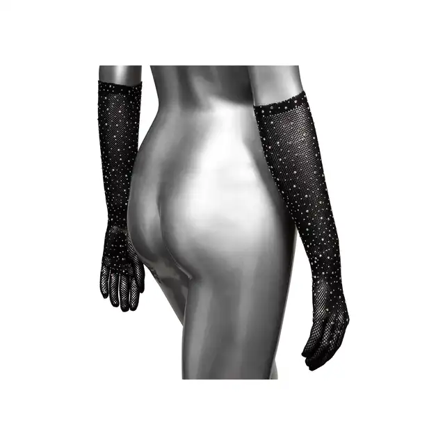 Radiance - Full Lenght Gloves. Zmysłowe czarne siateczkowe rękawiczki z błyszczącymi kryształkami