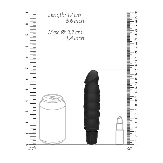 Shots Toys - Ribbed Multispeed Vibrator  Black. Klasyczny, silikonowy wibrator z regulacją intensywności wibracji, zasilany na baterie, o teksturowanej powierzchni