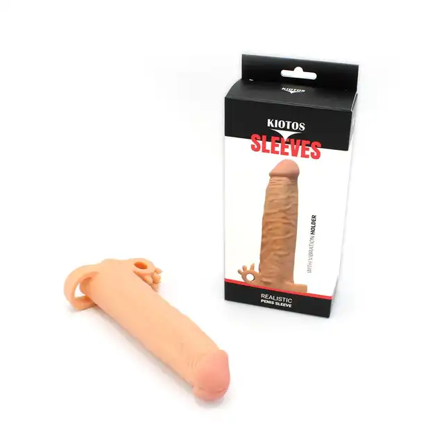 Kiotos - Realistic Sleeve 19 cm - przedłużka na penisa z ringiem oraz stymulatorem łechtaczki. Dodatkowa przyjemność gwarantowana!