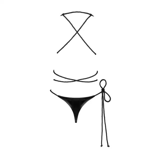 Obsessive - Cordellis Body S/M/L Czarne połyskujące body wetlook z otwartym krokiem, wiązane na elegancki połyskujący sznureczek dla idealnego dopasowania