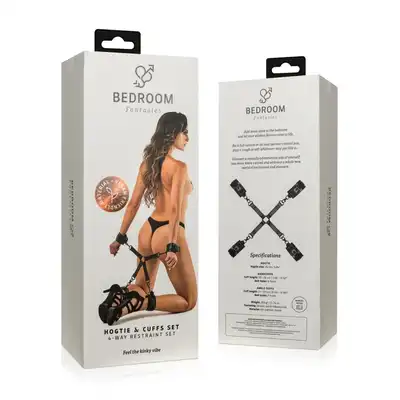 Bedroom Fantasies - Hogtie &amp; Cuffs Set. Czarny, skórzany zestaw do krępowania z krzyżakiem i dwoma parami kajdanek na nadgarstki i kostki, wegański
