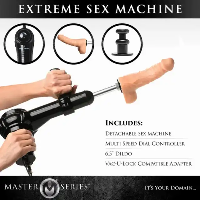 Master Series - Obedience Chair with Sex Machine. Luksusowe krzesło do krępowania z pełną regulacją, ruchoma sex maszyna gwarantująca niezapomniane doznania