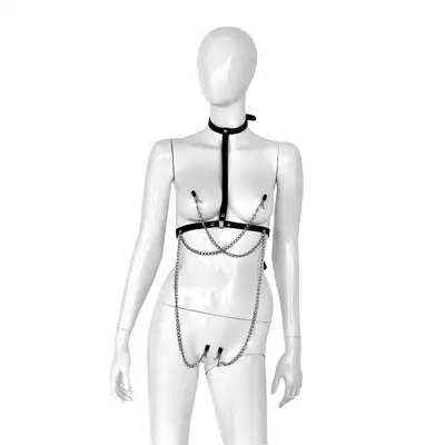 Kiotos - Leather Collar Chest - harness z obrożą oraz zaciskami na sutki oraz warki sromowe. Wykonany ze skóry i metalu