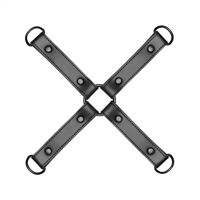 Bedroom Fantasies - Hogtie Restraint Cross. Czarny krzyżak do krępowania, połyskująca wegańska skóra z dużą wytrzymałością