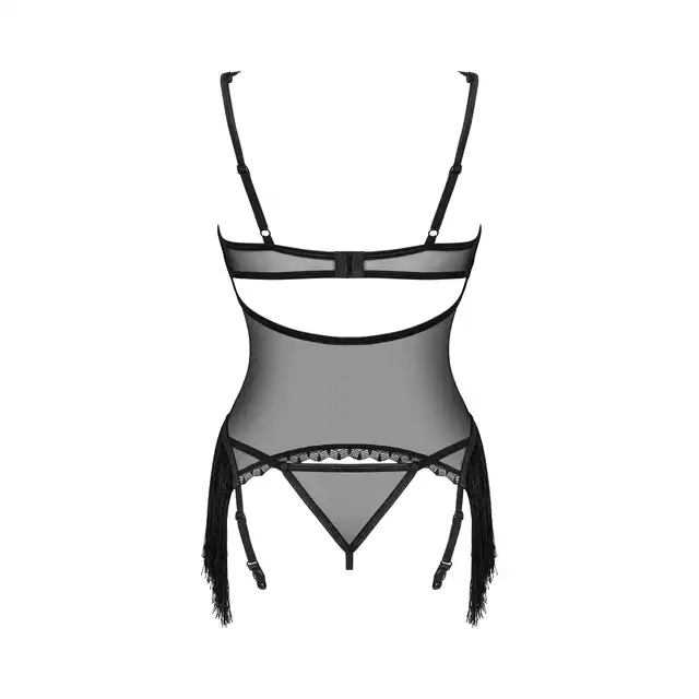 Obsessive - Sherila Corset M/L. Czarny siateczkowy gorset z błyszczącymi frędzelkami na biuście i biodrach, odkryj nieziemską pewność siebie
