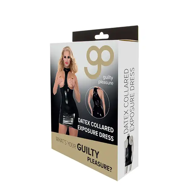 GP Datex - Collared Exposure Dress M - odważna sukienka z błyszczącego, czarnego materiału. Odkryty biust