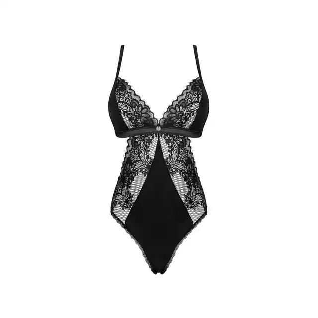Obsessive - Maderris body XS/S. Zmysłowo podkreślające sylwetkę czarne body z prześwitującą koronką
