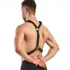 Bedroom Fantasies - Max Bondage Harness. Męska uprząż z pasami na ramiona i talię, czarna skóra z metalowymi pierścieniami i klamrami