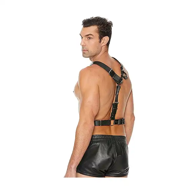 Ouch! - Twisted Bit Black Leather Harness - One Size. Mocna, skórzana uprząż męska z efektownym łańcuchem
