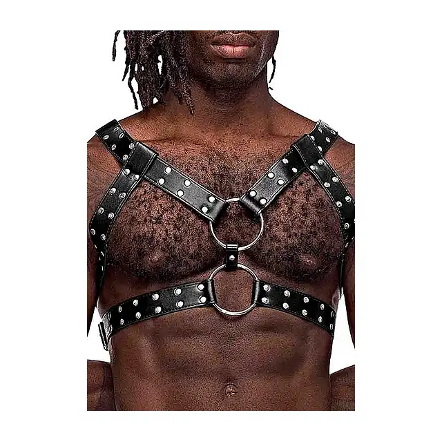 Male Power - Faux Leather Gemini O/S. Drapieżna, męska uprząż typu harness w stylu nubuck. Efektowne ringi