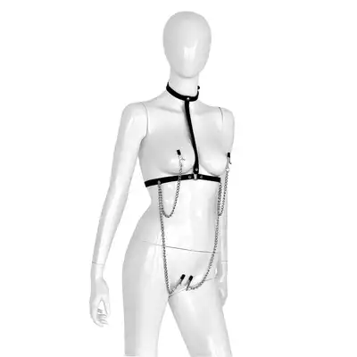 Kiotos - Leather Collar Chest - harness z obrożą oraz zaciskami na sutki oraz warki sromowe. Wykonany ze skóry i metalu