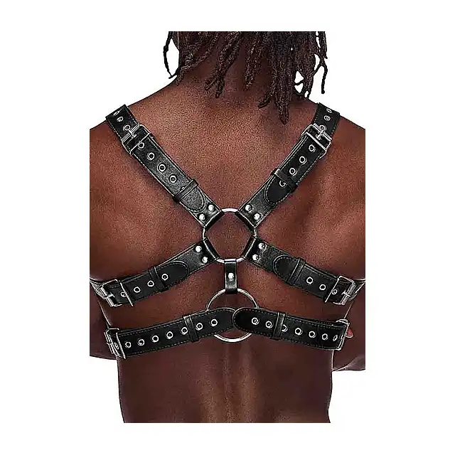 Male Power - Faux Leather Gemini O/S. Drapieżna, męska uprząż typu harness w stylu nubuck. Efektowne ringi